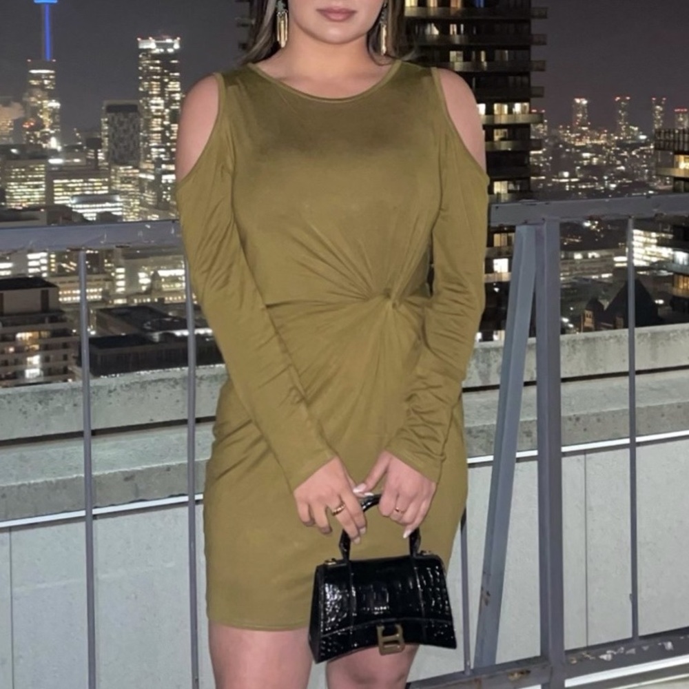 Cute shoulder cute olive color dress